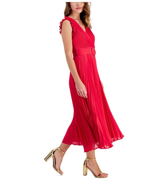 Taylor Red Belted Pleated Chiffon Midi Dress