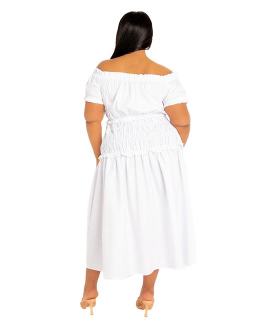 Buxom Couture White Plus Size Off Shoulder Smocked Midi Dress