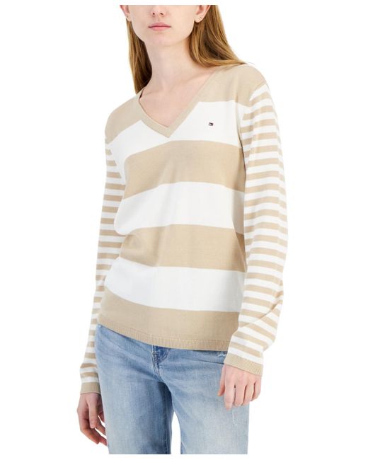 Tommy Hilfiger White Mixed-stripe V-neck Sweater
