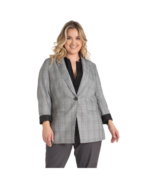 Standards & Practices Gray One-button Oversize Plaid Boyfriend Blazer