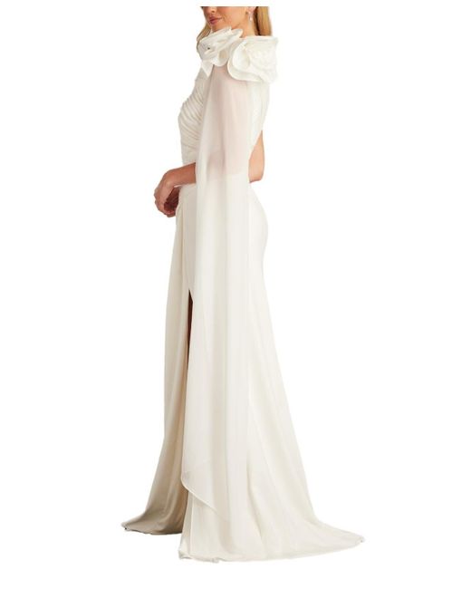 Tadashi Shoji White Amoret Rosette Shoulder Gown