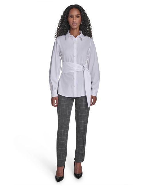 Calvin Klein Gray Tie Waist Collared Neck Top