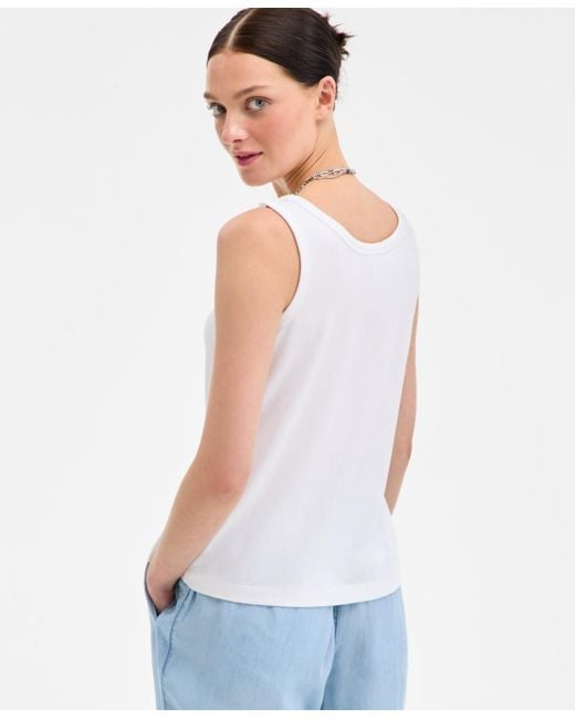 On 34th White Cotton Striped Scoop Tank Top