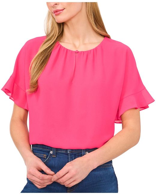 Cece Red Short-sleeve Half Button Flowy Blouse