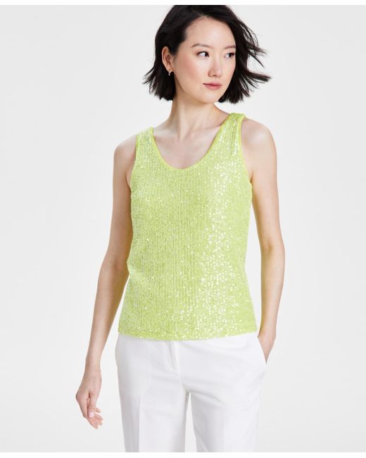Anne Klein Green Petite Sequined-mesh Sleeveless Top