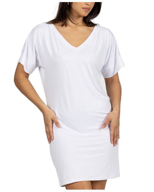 24seven Comfort Apparel White Solid Color Loose Fit V Neck T Shirt Style Knee Length Dress