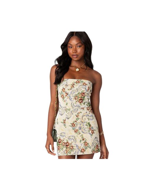 Edikted Natural Floral Tapestry Lace Up Mini Dress