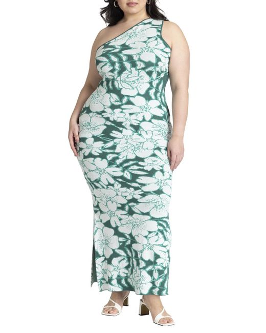 Eloquii Green Plus Size Intarsia One Shoulder Dress With Slits