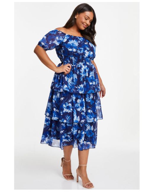Quiz Plus Size Chiffon Floral Bardot Tiered Midi Dress in Blue Lyst