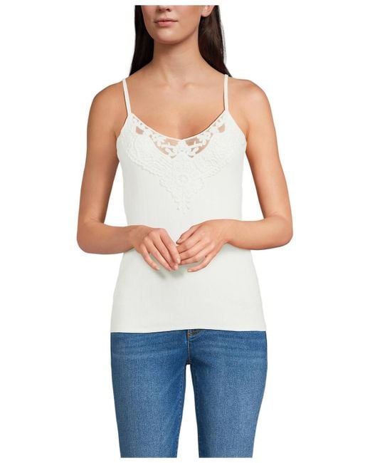 Lands' End White Variegated Micro Rib Lace Trim Cami