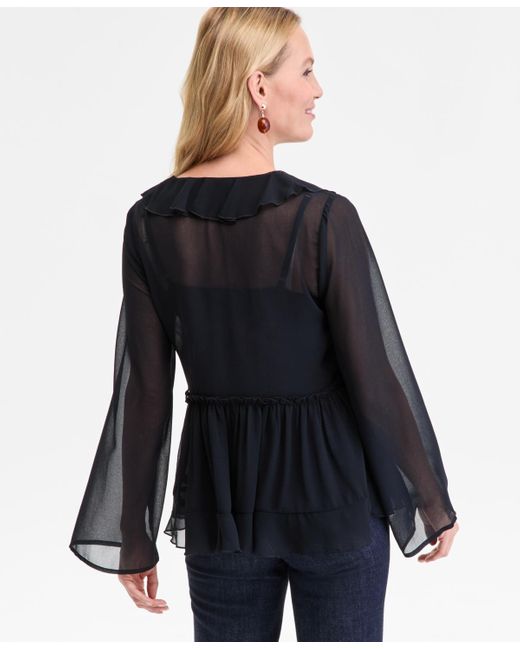 INC International Concepts Black Printed Ruffle-collar Top