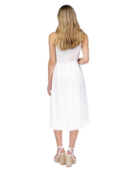Michael Kors White Michael Smocked Textured Sleeveless Midi Dress