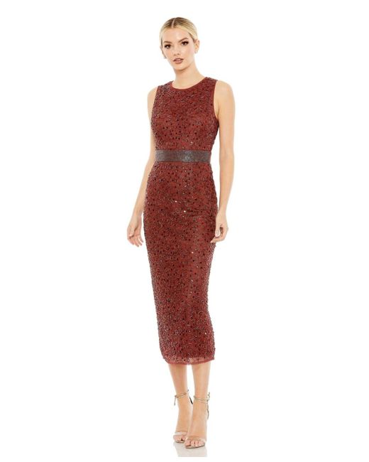 Mac Duggal Red Geometric Embellished Sleeveless Midi Dress