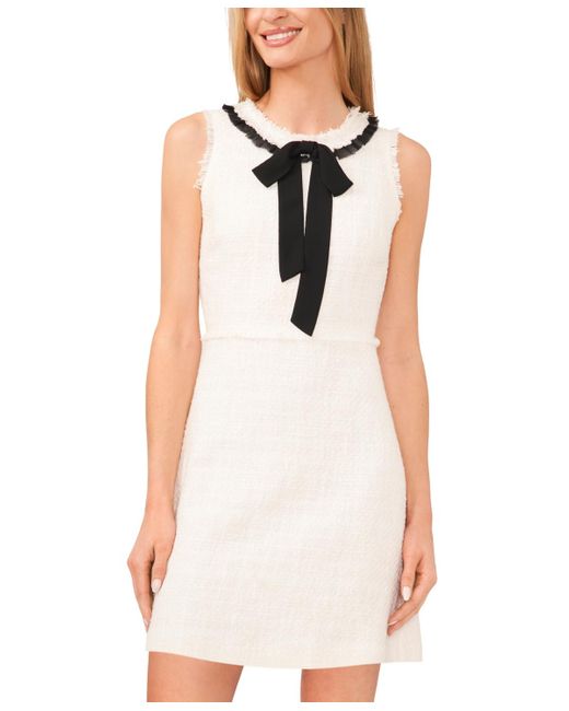 Cece White Tweed Sleeveless Contrast-bow Shift Dress