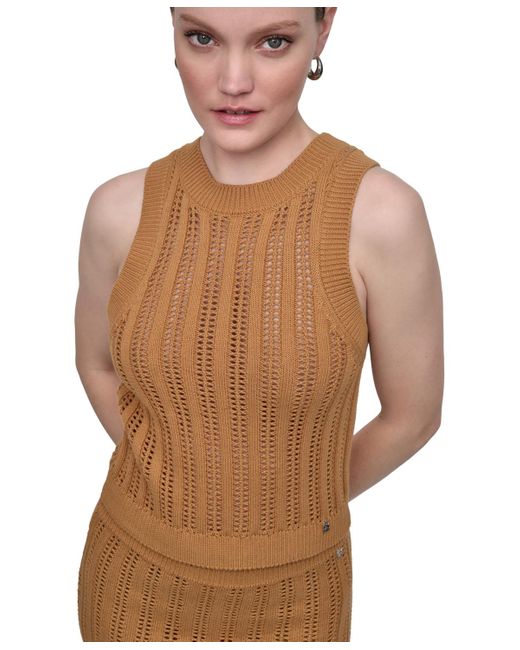 DKNY Brown Crewneck Pointelle-stitch Tank Sleeveless Sweater