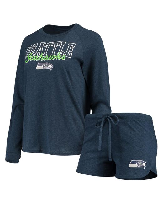 Concepts Sport Blue College Seattle Seahawks Meter Knit Long Sleeve Raglan Top And Shorts Sleep Set