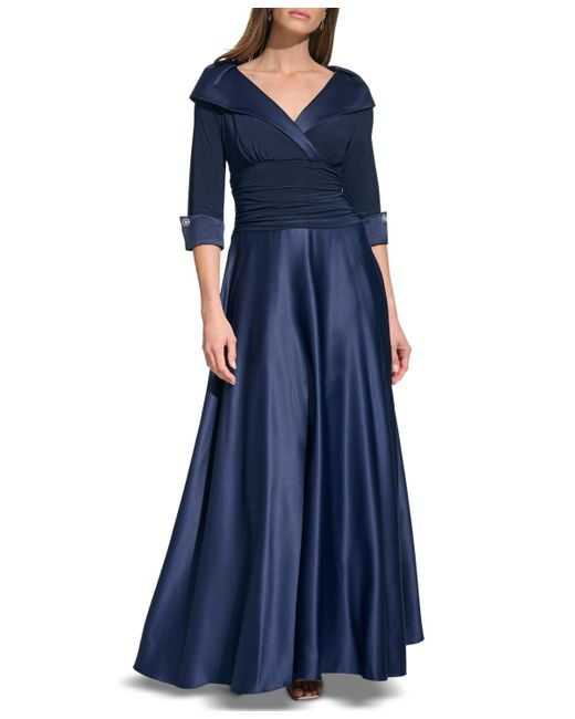 Jessica Howard Blue Mixed-media Ruched-waist Gown
