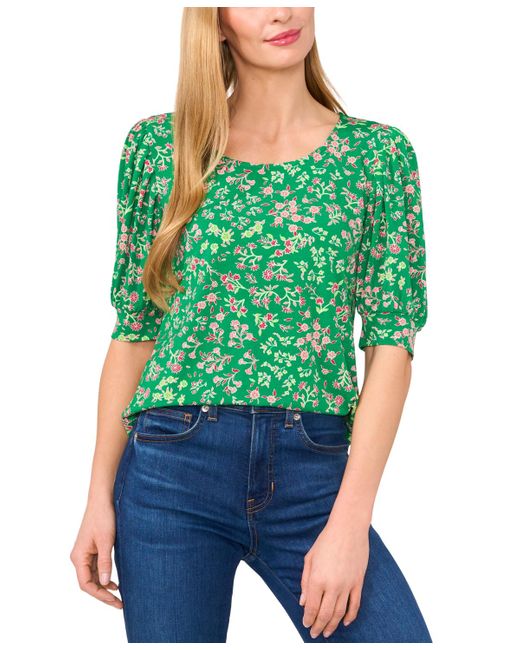 Cece Green Crewneck Shirred-elbow-sleeve Top