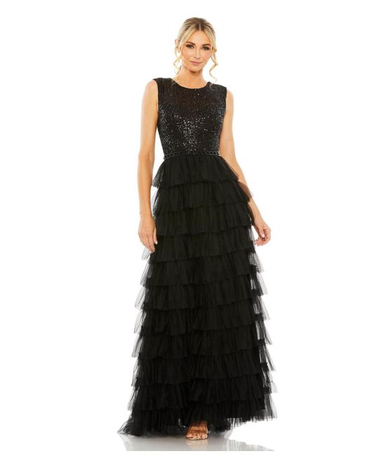 Mac Duggal Black Ruffle Tiered Sequin High Neck Gown