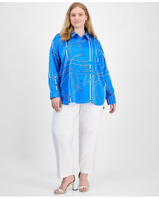 Karl Lagerfeld Blue Plus Size Oversize Button-front Utility Blouse