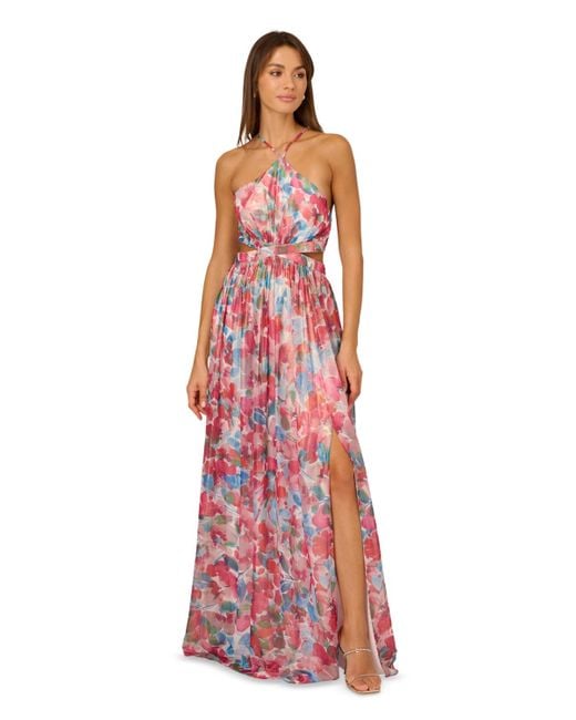 Adrianna Papell Red Foiled Chiffon Maxi Dress
