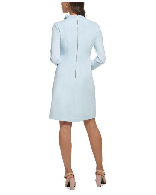 Calvin Klein Long-sleeved Tie-neck Scuba Crepe Sheath Dress in Blue | Lyst