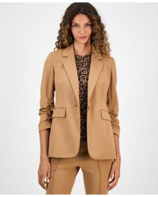 BarIII Natural One Button Scrunched Sleeve Jacket Leopard Print Short Sleeve Mesh Top High Rise Flared Leg Pants Macys Exclusive