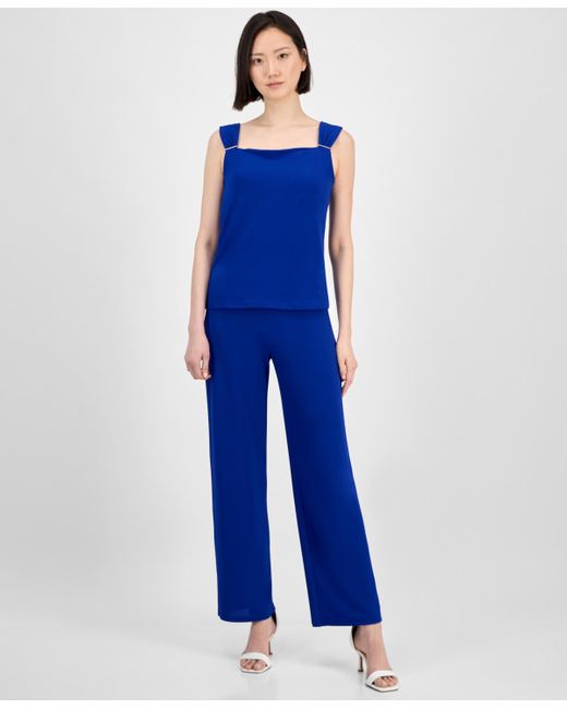 Anne Klein Blue Embellished Shirred-strap Top