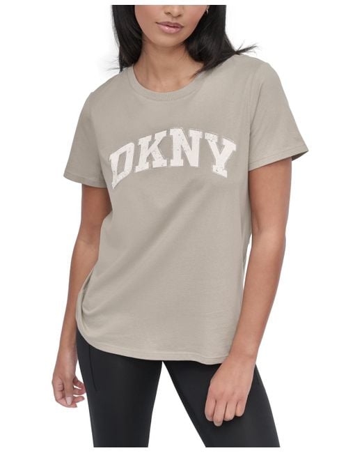 DKNY Gray Active Rhinestone-logo Distressed Crewneck Cotton T-shirt