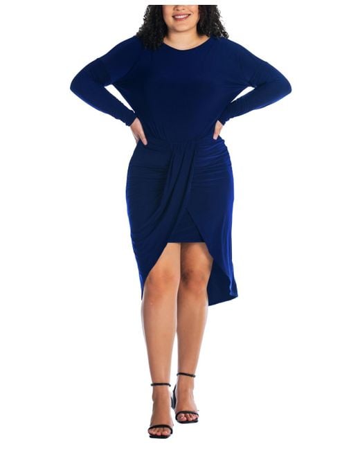 24seven Comfort Apparel Blue Plus Size Long Sleeve High Low Dress