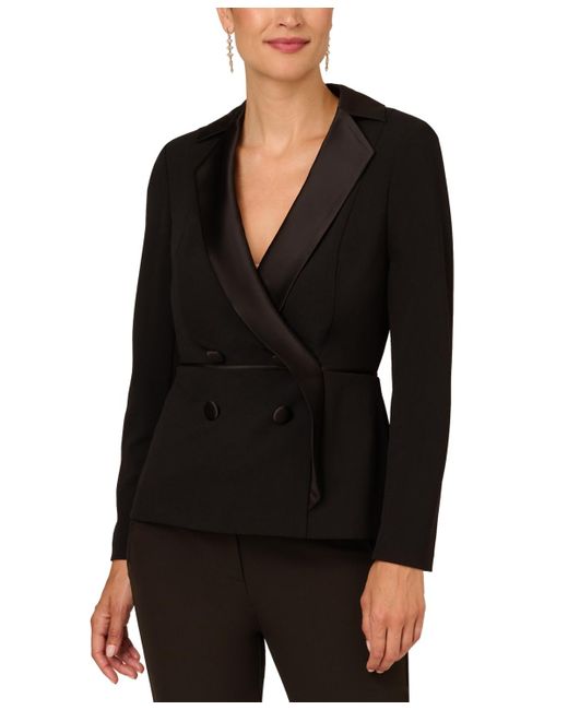 Adrianna Papell Charmeuse-trim Crepe Tuxedo Top in Black | Lyst