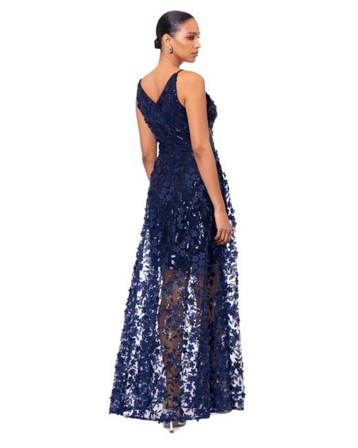 Xscape Blue 3d Floral-applique Sequined Gown