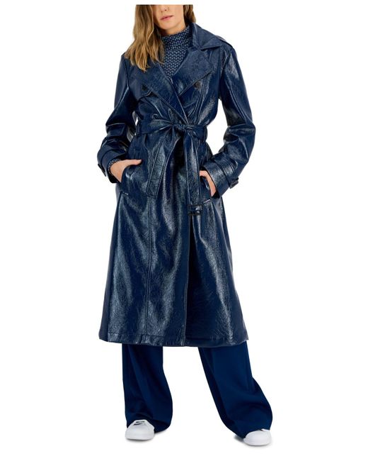 HUGO Blue Textured Belted Notch-lapel Long Trench Coat