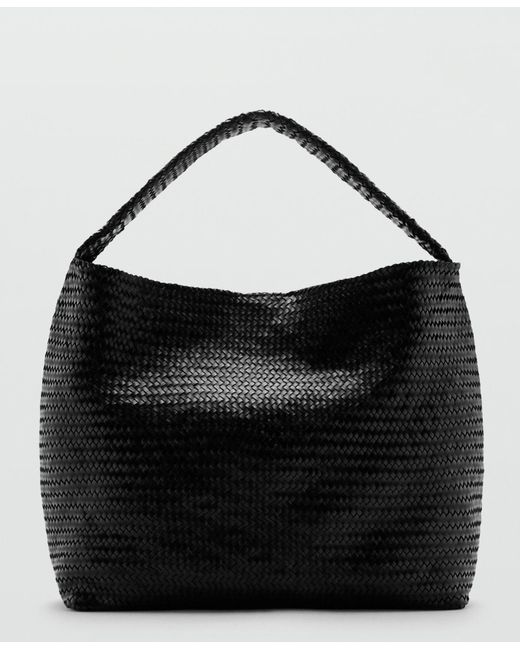 Mango Black Medium-sized Braided Bucket Bag