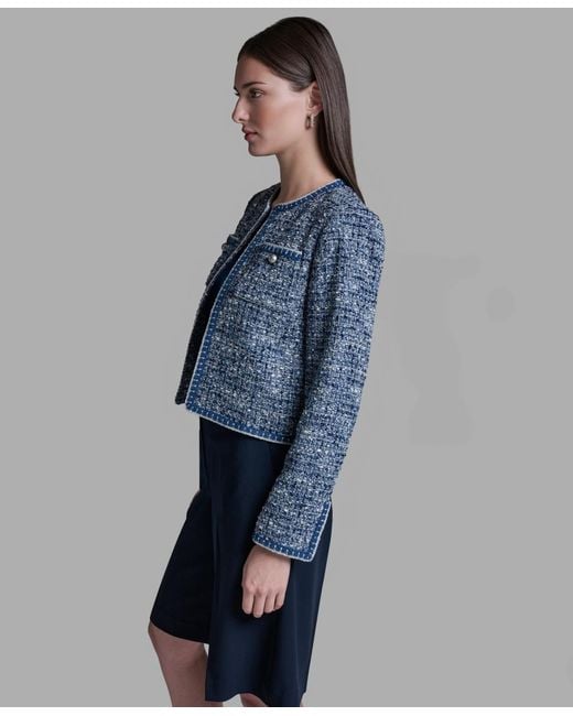 BCBGMAXAZRIA Blue Shoulder Padding Open Front Tweed Jacket
