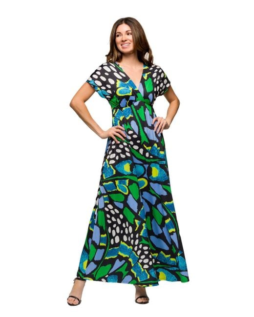 24seven Comfort Apparel Green V Neck Empire Waist Cap Sleeve Maxi Dress