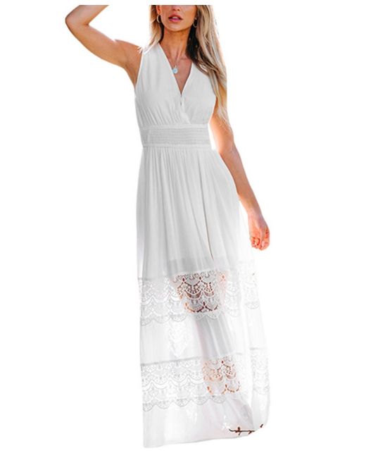 CUPSHE White Plunging Sleeveless Lace Maxi Beach Dress