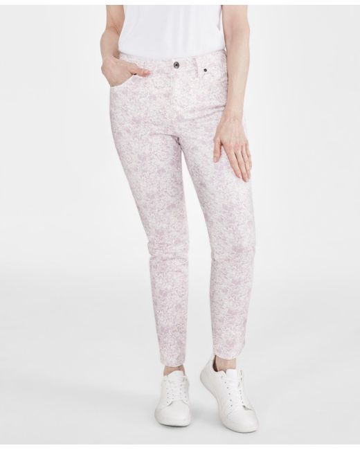 Style & Co. White Petite Mid Rise Floral Print Skinny Jeans