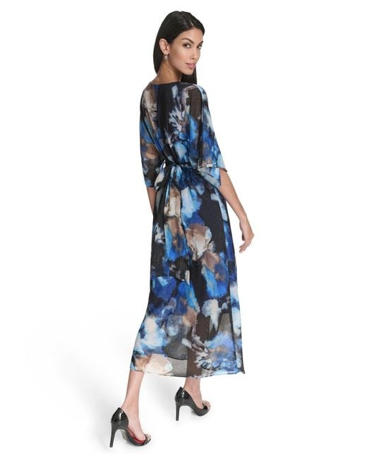 Halston Printed Kimono Dress in Blue | Lyst