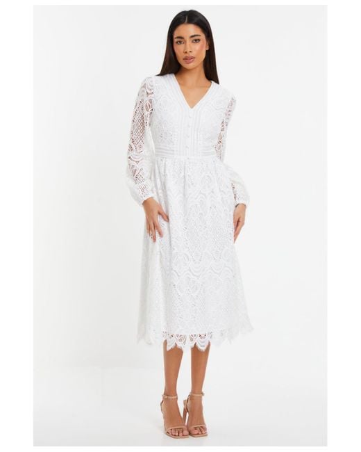 Quiz White Crochet Lace Long Sleeve Midi Dress