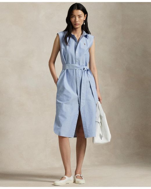 Polo Ralph Lauren Blue Belted Oxford Sleeveless Shirtdress