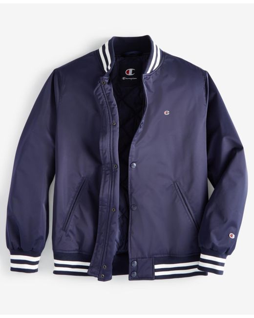 Champion Blue Classic Logo Striped-trim Varsity Jacket for men