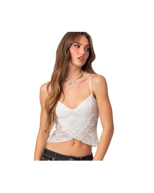 Edikted White Crossover Sheer Lace Tank Top