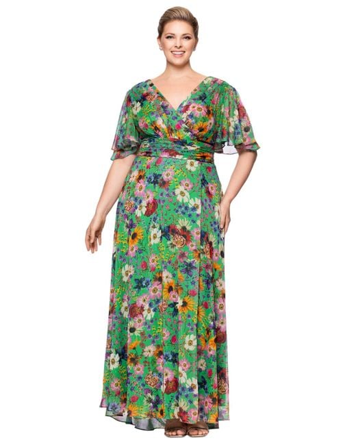 Betsy & Adam Green Plus Size Floral-print Flutter-sleeve A-line Dress