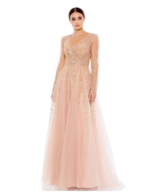 Mac Duggal Pink Embellished V Neck Long Sleeve A Line Gown