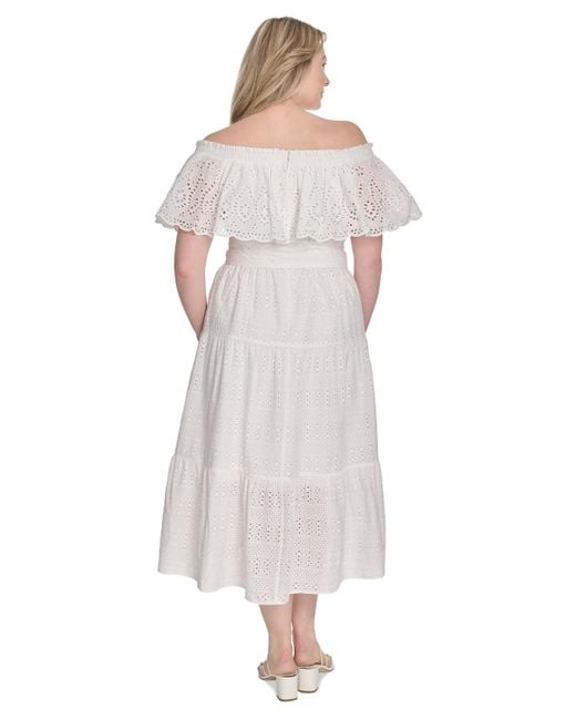 Eliza J White Plus Size Eyelet Off-the-shoulder Belted Midi Dress