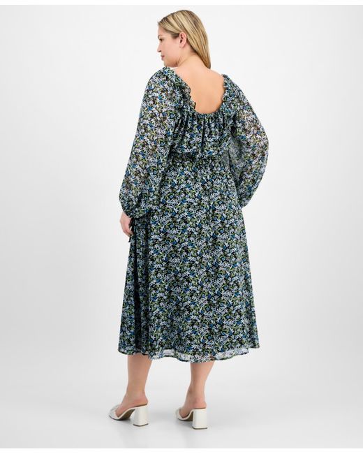 On 34th Blue Trendy Plus Size Floral-print Smocked-waist Dress