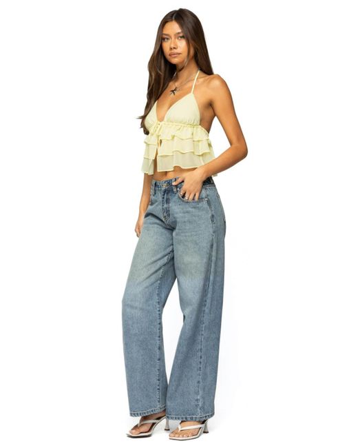 Edikted Blue Zephi Split Front Ruffled Top