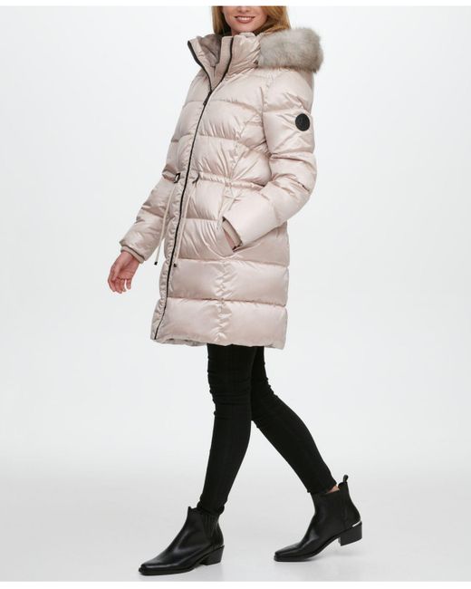 Petite high shine faux fur trim hooded coat sales