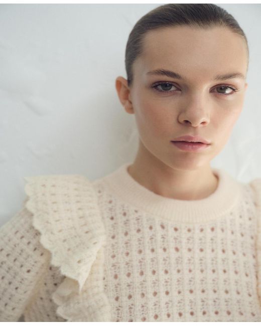 Mango Blue Ruffles Openwork Knitted Sweater